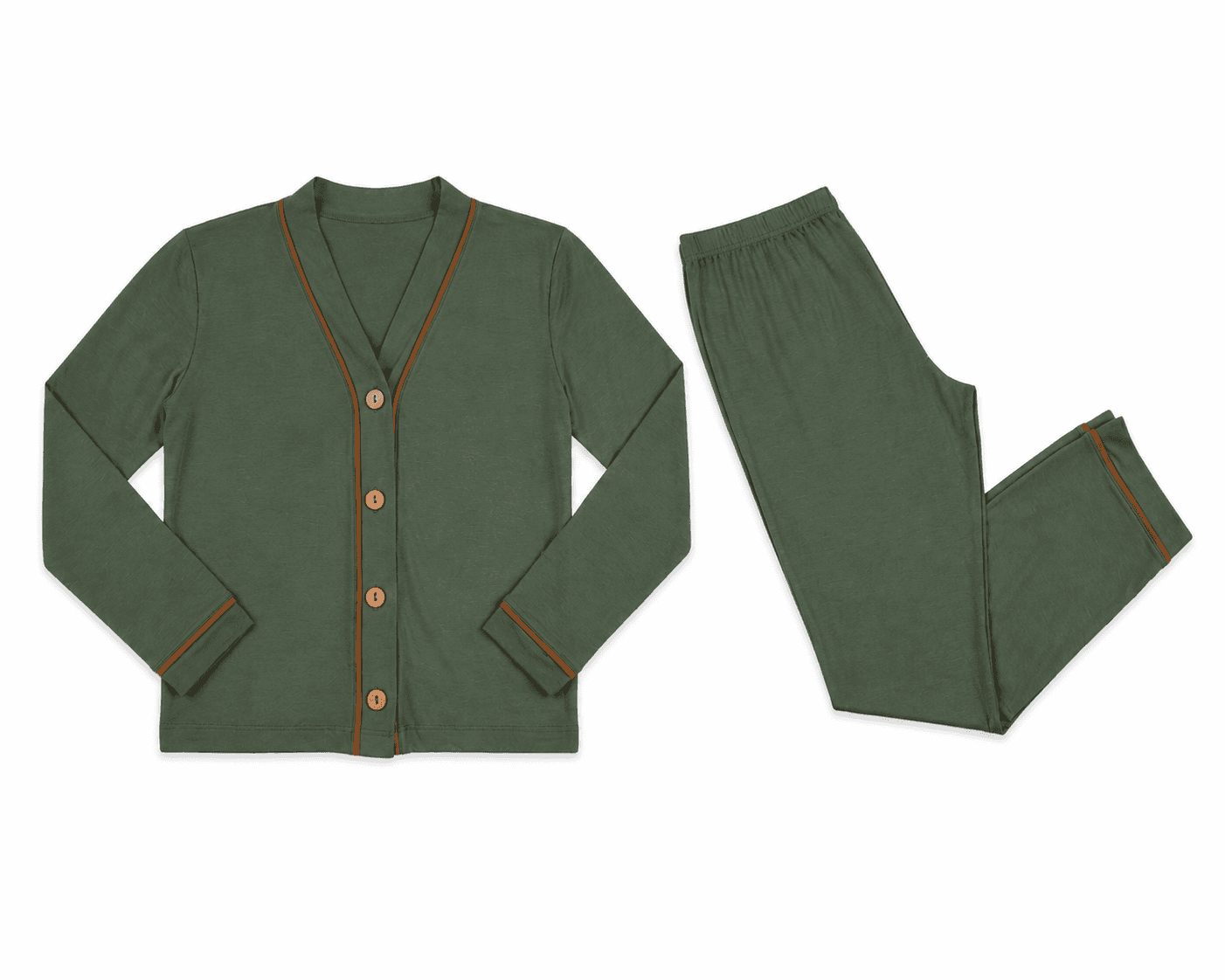 Pijama Americano Feminino Longo Verde Oliva com Detalhes Caramelo foto 4